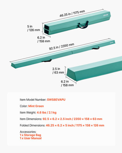 8FT Folding Balance Beam for Kids, 90.7 KG Stable Support Gymnastics Floor Beam with Non-Slip Mats, Gymnastics Training Equipment with Anti-Slip Bottom and Carrying Bag for Home Gym, Mint Green