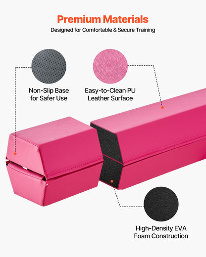 8 Fuß (ca. 2,4 m) langer, klappbarer Balancierbalken für Kinder, 90,7 kg stabiler Bodenbalken mit rutschfesten Matten, Gymnastik-Trainingsgerät mit rutschfester Unterseite und Tragetasche für das Heim-Fitnessstudio, Pink