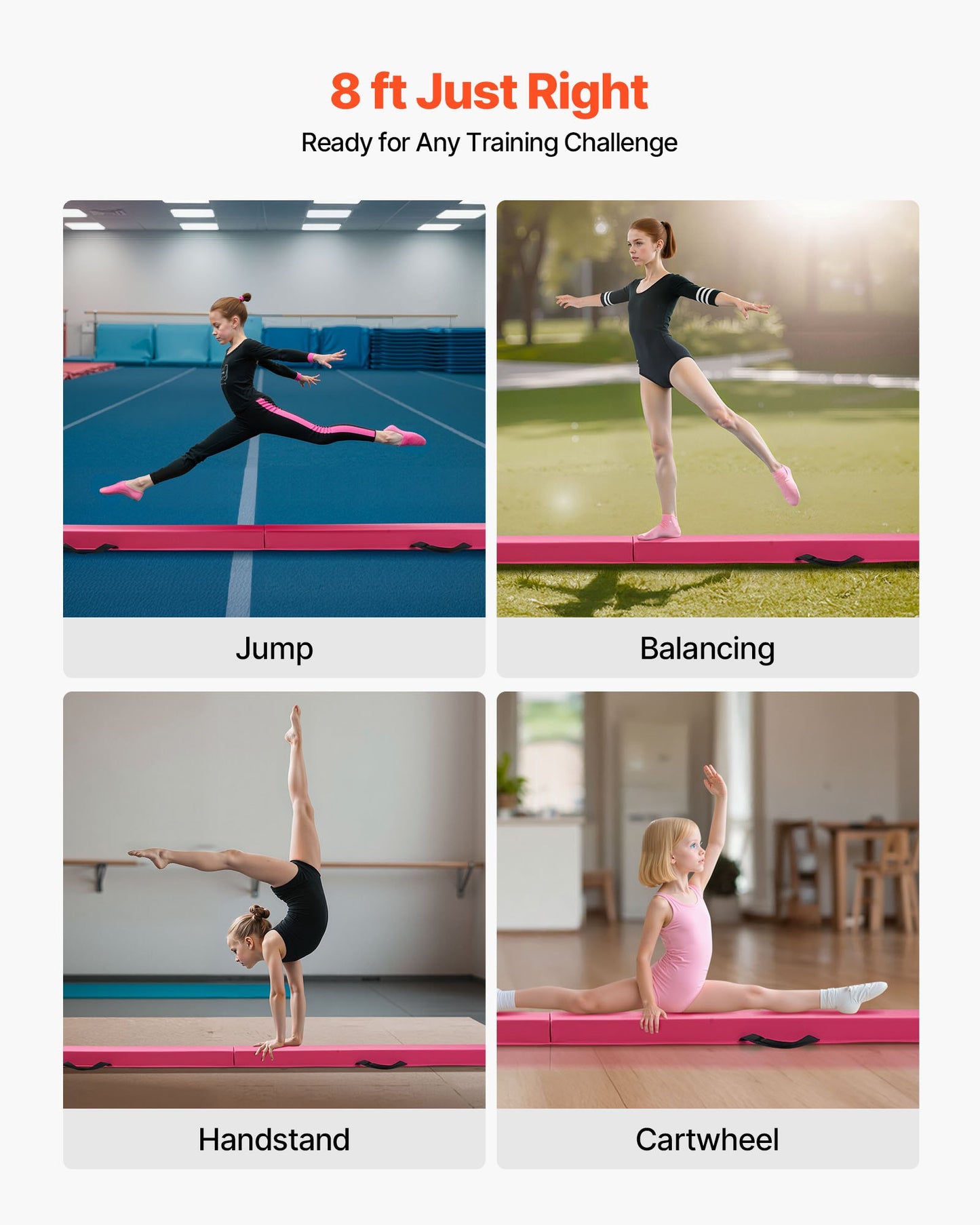 8 Fuß (ca. 2,4 m) langer, klappbarer Balancierbalken für Kinder, 90,7 kg stabiler Bodenbalken mit rutschfesten Matten, Gymnastik-Trainingsgerät mit rutschfester Unterseite und Tragetasche für das Heim-Fitnessstudio, Pink