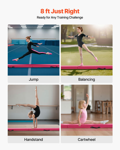 8 Fuß (ca. 2,4 m) langer, klappbarer Balancierbalken für Kinder, 90,7 kg stabiler Bodenbalken mit rutschfesten Matten, Gymnastik-Trainingsgerät mit rutschfester Unterseite und Tragetasche für das Heim-Fitnessstudio, Pink