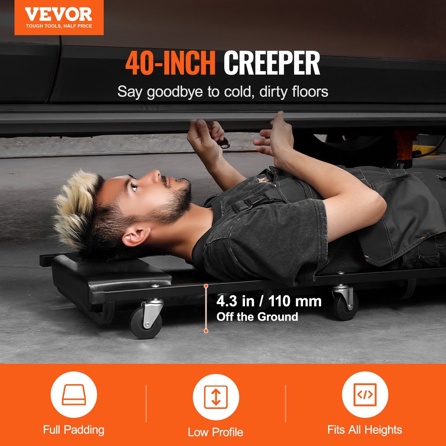 Mechanic Garage Creeper, 1016 mm, 136.1 kg Capacity Automotive Rolling Creeper with 6 Casters Adjustable Cushioned Headrest, Heavy Duty Steel Frame Low Profile for Garages, Repair Shops, and DIY