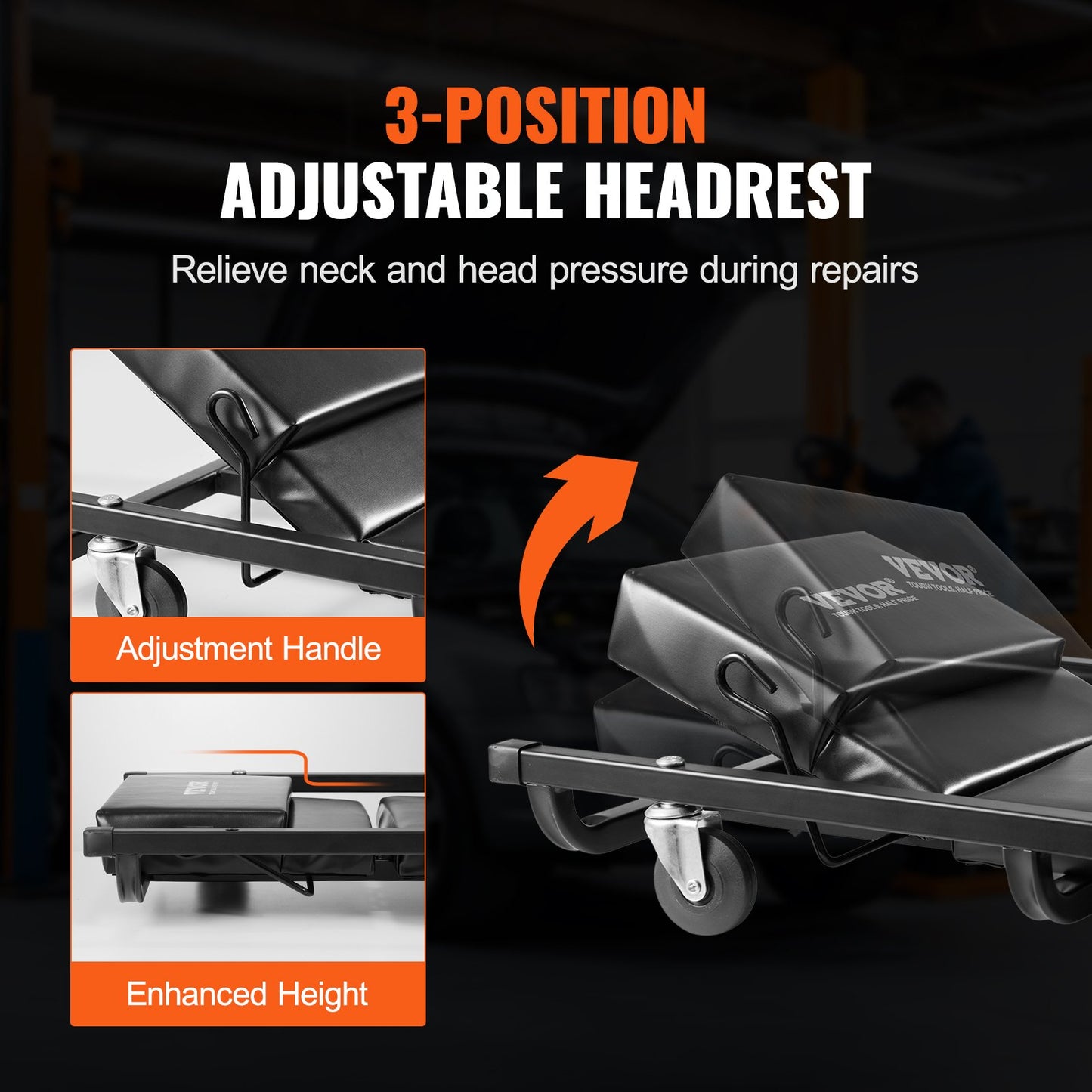 Mechanic Garage Creeper, 1016 mm, 136.1 kg Capacity Automotive Rolling Creeper with 6 Casters Adjustable Cushioned Headrest, Heavy Duty Steel Frame Low Profile for Garages, Repair Shops, and DIY