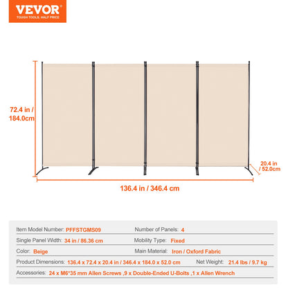 Room Divider, 4 Panels Room Divider, Folding Privacy Screen and Portable Partition Divider for Room Separation, Freestanding Room Partitions for Office, Bedroom, Study, Beige