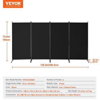 Room Divider, 4 Panels Room Divider, Folding Privacy Screen and Portable Partition Divider for Room Separation, Freestanding Room Partitions for Office, Bedroom, Study, Black