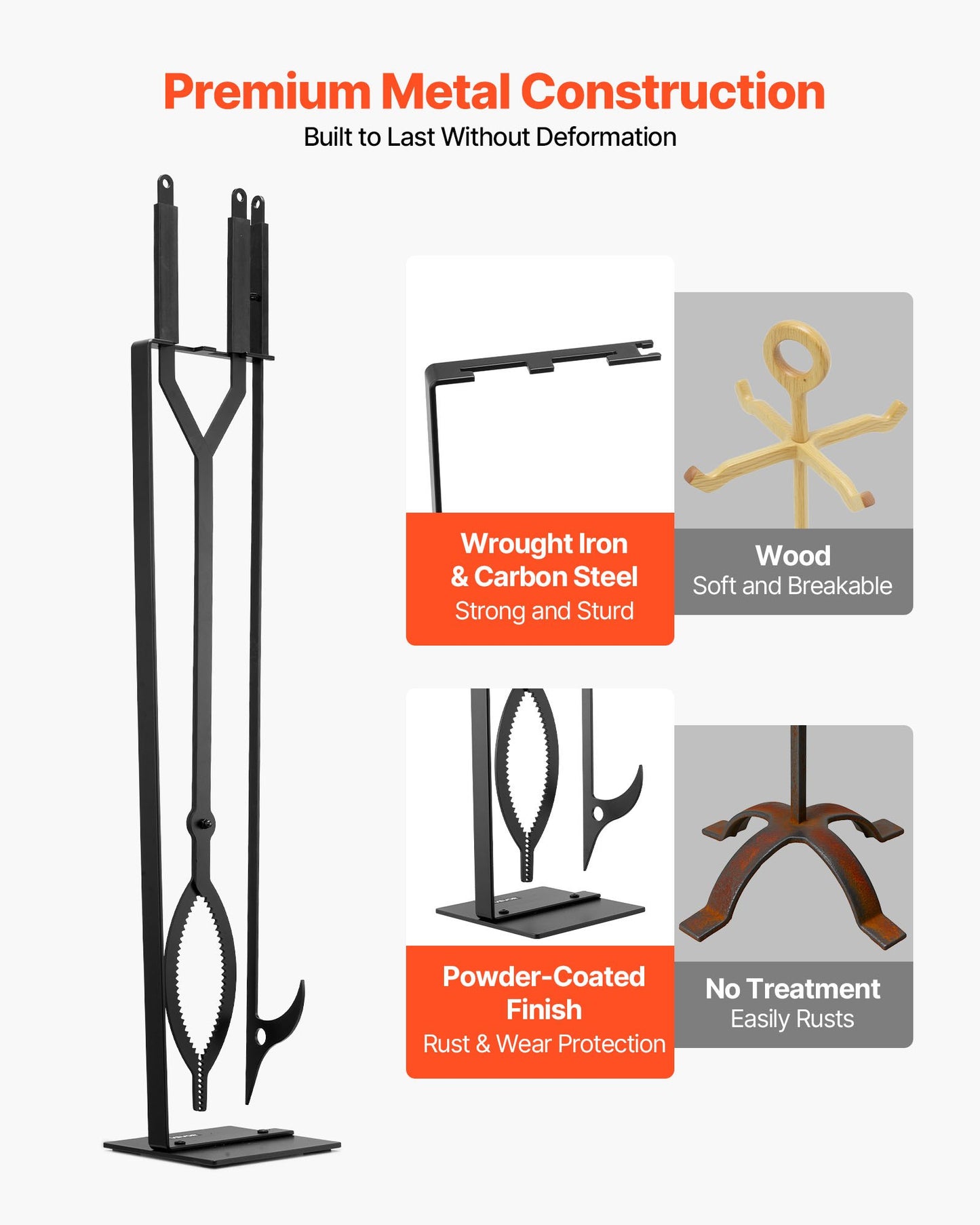 Kaminbesteck-Set, 3-teilig, bestehend aus Kaminzange, Kaminhaken, Schmiedeeisen-Kaminzubehör für Lagerfeuer, Gartenfeuer, drinnen und draußen, Schwarz