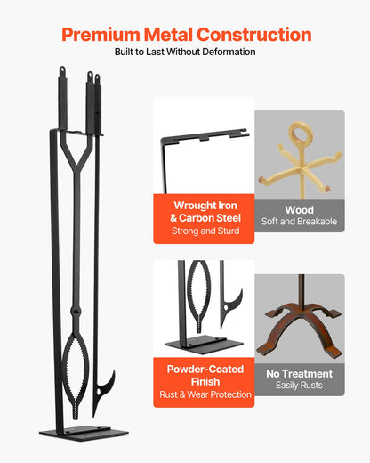 Kaminbesteck-Set, 3-teilig, bestehend aus Kaminzange, Kaminhaken, Schmiedeeisen-Kaminzubehör für Lagerfeuer, Gartenfeuer, drinnen und draußen, Schwarz