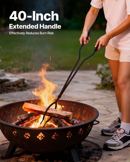 Kaminbesteck-Set, 3-teilig, bestehend aus Kaminzange, Kaminhaken, Schmiedeeisen-Kaminzubehör für Lagerfeuer, Gartenfeuer, drinnen und draußen, Schwarz