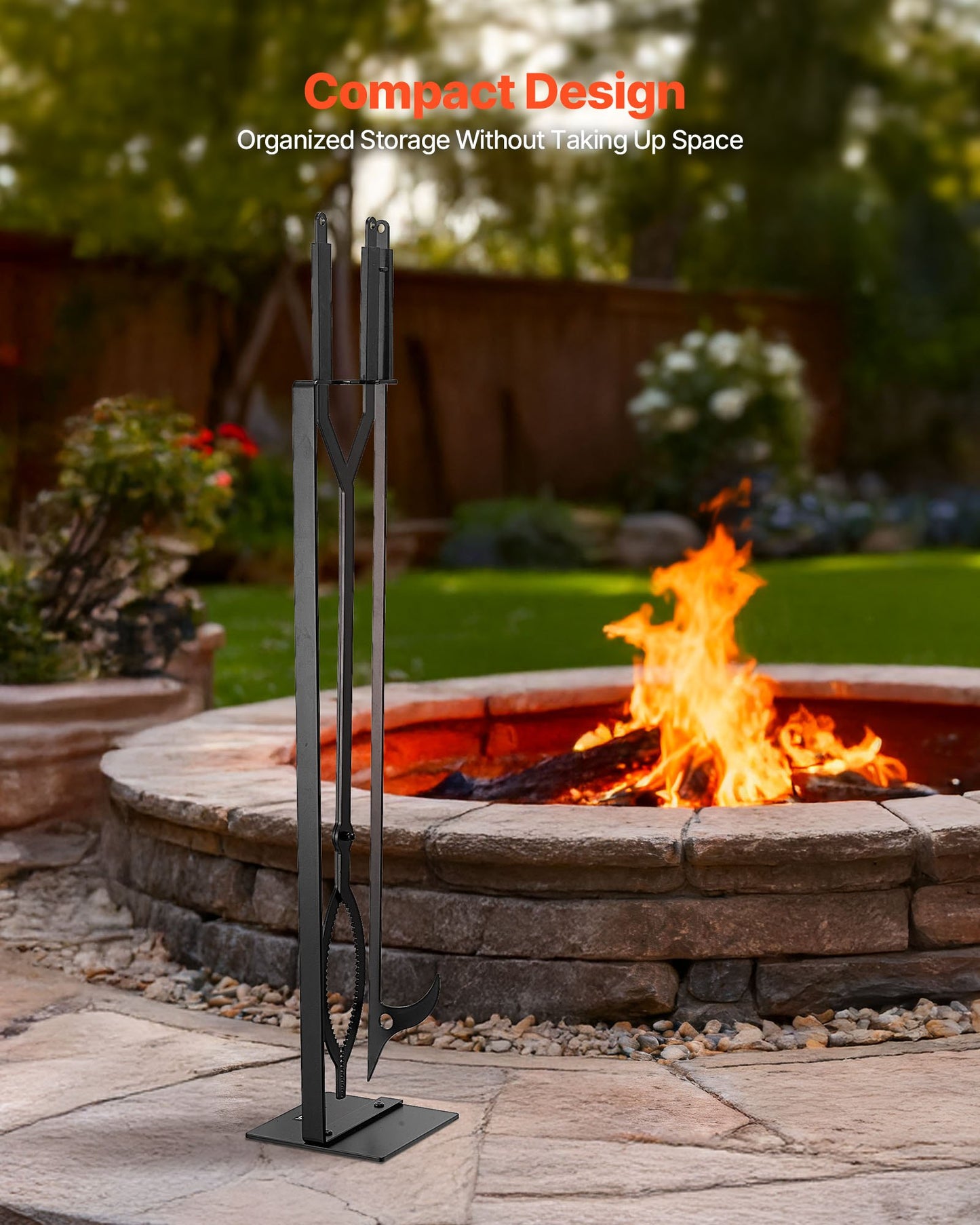 Kaminbesteck-Set, 3-teilig, bestehend aus Kaminzange, Kaminhaken, Schmiedeeisen-Kaminzubehör für Lagerfeuer, Gartenfeuer, drinnen und draußen, Schwarz