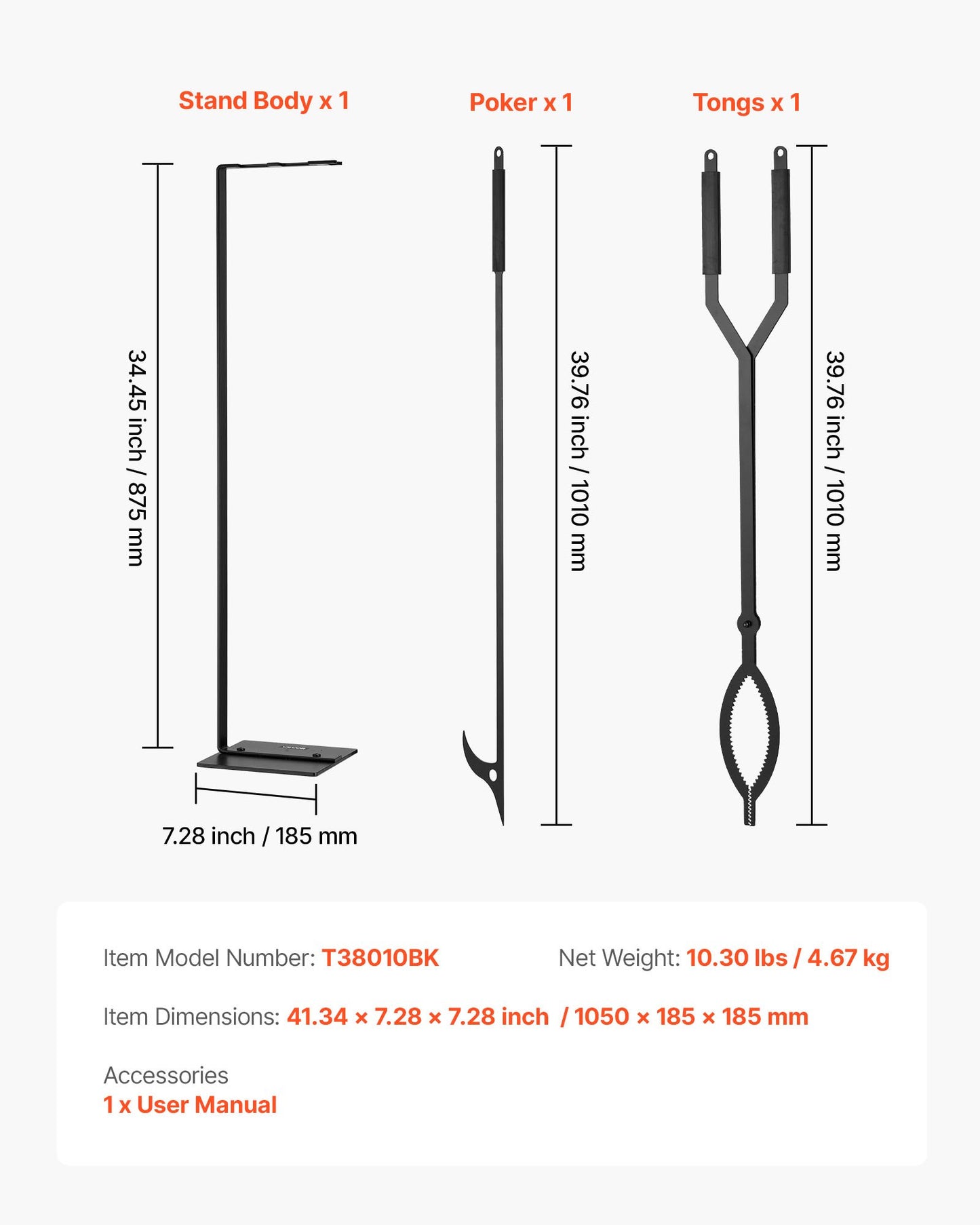 Kaminbesteck-Set, 3-teilig, bestehend aus Kaminzange, Kaminhaken, Schmiedeeisen-Kaminzubehör für Lagerfeuer, Gartenfeuer, drinnen und draußen, Schwarz