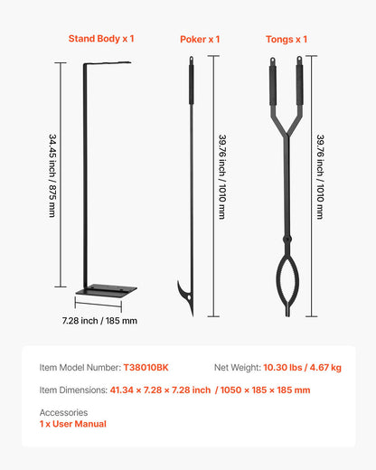 Kaminbesteck-Set, 3-teilig, bestehend aus Kaminzange, Kaminhaken, Schmiedeeisen-Kaminzubehör für Lagerfeuer, Gartenfeuer, drinnen und draußen, Schwarz