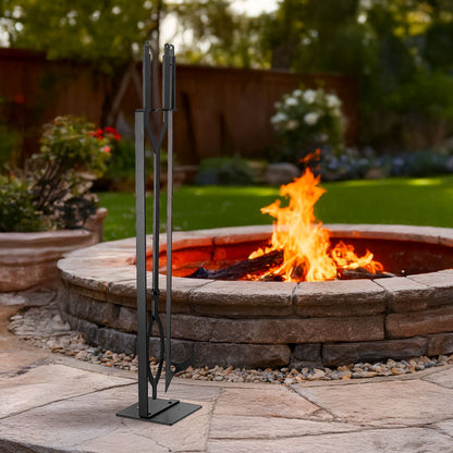 Kaminbesteck-Set, 3-teilig, bestehend aus Kaminzange, Kaminhaken, Schmiedeeisen-Kaminzubehör für Lagerfeuer, Gartenfeuer, drinnen und draußen, Schwarz