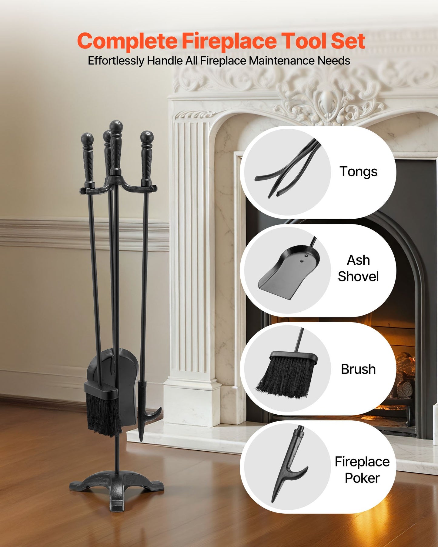 Fireplace Tool Set, 4 PCS Fire Tool Set and Holder with Three-Prong Stand, Ash Shovel, Brush, Fire Place Poker, Wrought Iron Fireplace Accessories for Campfire Indoor/Outdoor, Black