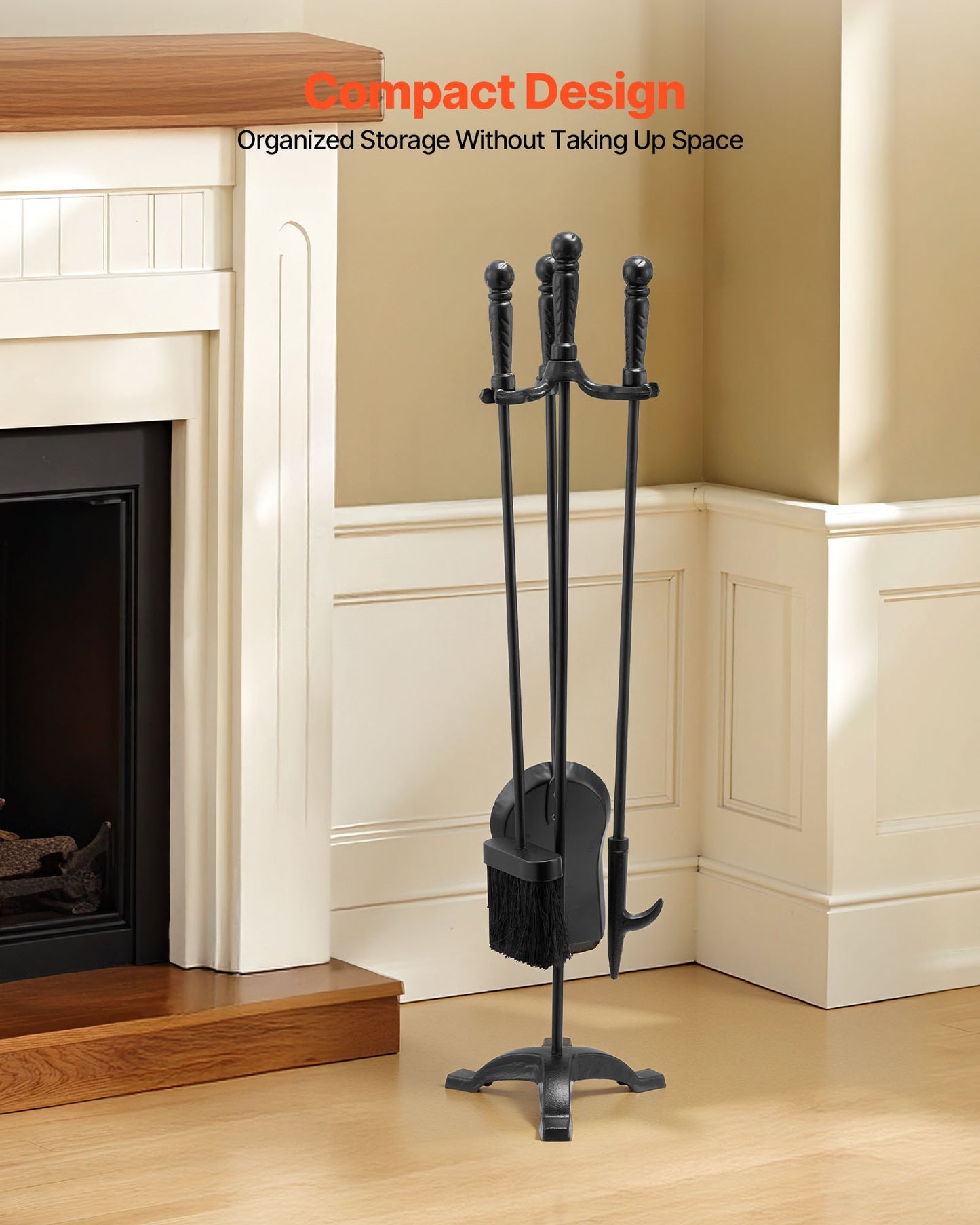 Fireplace Tool Set, 4 PCS Fire Tool Set and Holder with Three-Prong Stand, Ash Shovel, Brush, Fire Place Poker, Wrought Iron Fireplace Accessories for Campfire Indoor/Outdoor, Black