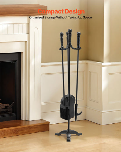 Fireplace Tool Set, 4 PCS Fire Tool Set and Holder with Three-Prong Stand, Ash Shovel, Brush, Fire Place Poker, Wrought Iron Fireplace Accessories for Campfire Indoor/Outdoor, Black