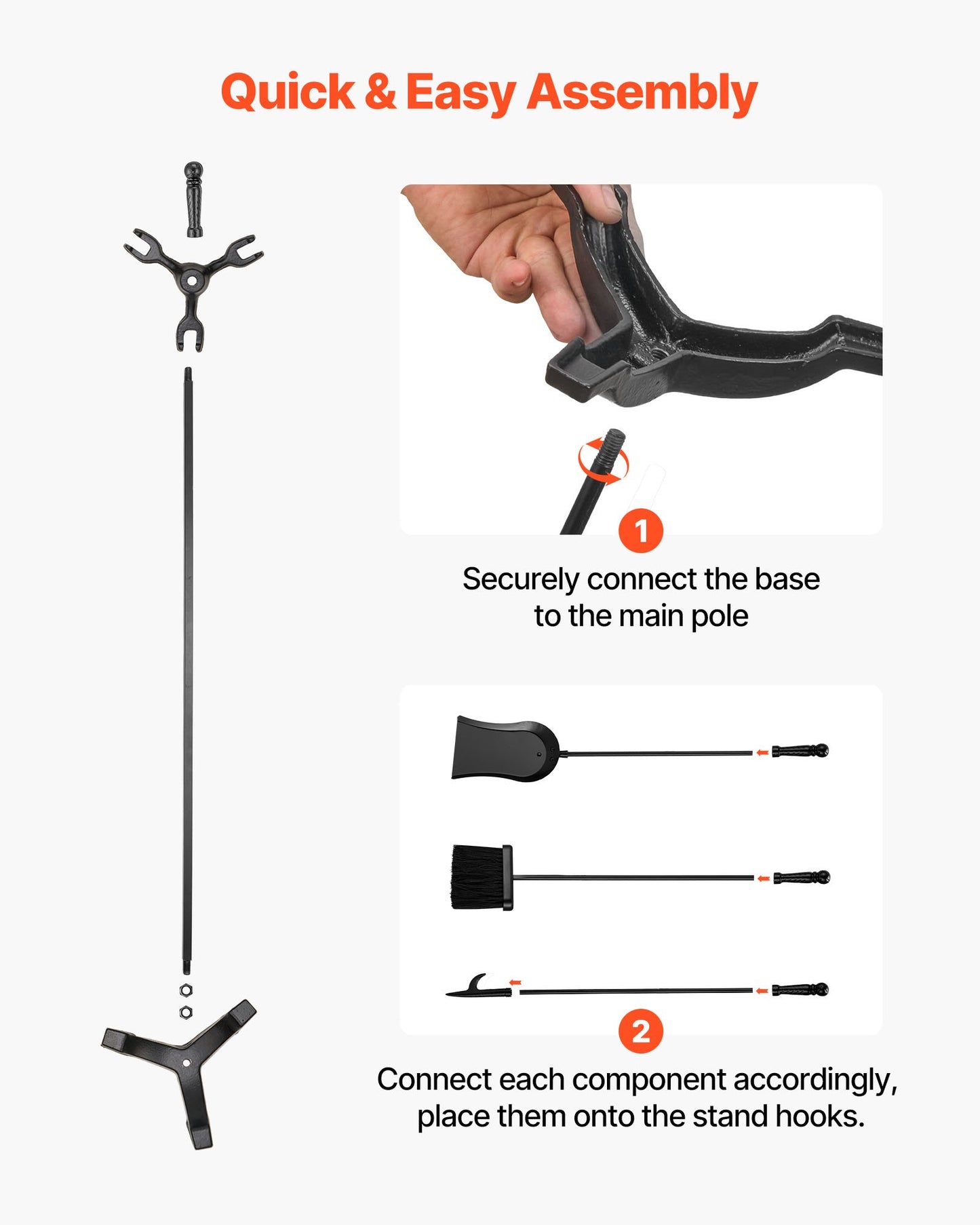 Fireplace Tool Set, 4 PCS Fire Tool Set and Holder with Three-Prong Stand, Ash Shovel, Brush, Fire Place Poker, Wrought Iron Fireplace Accessories for Campfire Indoor/Outdoor, Black