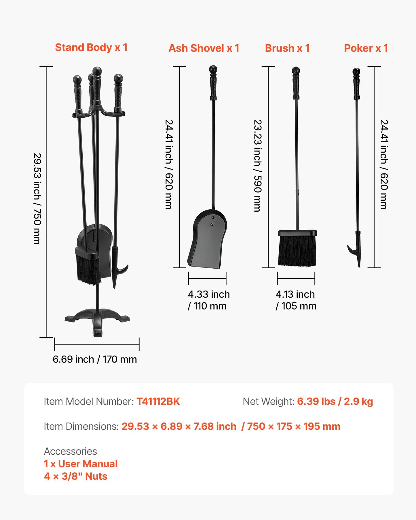 Fireplace Tool Set, 4 PCS Fire Tool Set and Holder with Three-Prong Stand, Ash Shovel, Brush, Fire Place Poker, Wrought Iron Fireplace Accessories for Campfire Indoor/Outdoor, Black