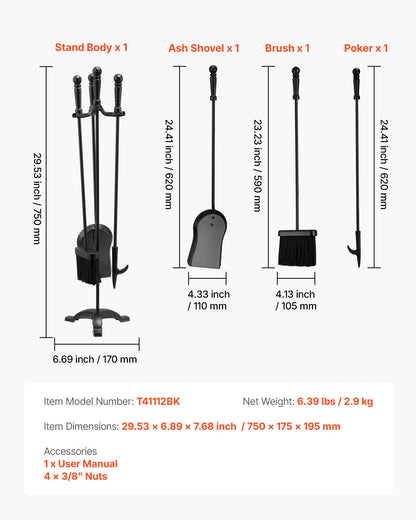 Fireplace Tool Set, 4 PCS Fire Tool Set and Holder with Three-Prong Stand, Ash Shovel, Brush, Fire Place Poker, Wrought Iron Fireplace Accessories for Campfire Indoor/Outdoor, Black