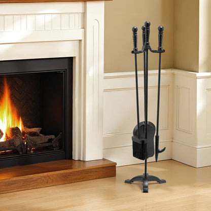 Fireplace Tool Set, 4 PCS Fire Tool Set and Holder with Three-Prong Stand, Ash Shovel, Brush, Fire Place Poker, Wrought Iron Fireplace Accessories for Campfire Indoor/Outdoor, Black