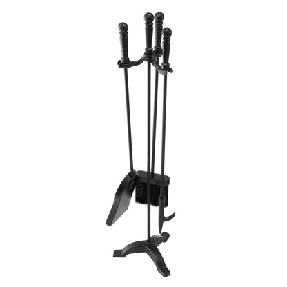 Fireplace Tool Set, 4 PCS Fire Tool Set and Holder with Three-Prong Stand, Ash Shovel, Brush, Fire Place Poker, Wrought Iron Fireplace Accessories for Campfire Indoor/Outdoor, Black