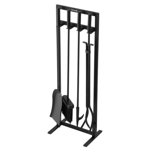 Kaminbesteck-Set, 5-teilig mit Halterung, quadratischem Ständer, Zange, Ascheschaufel, Bürste, Kaminhaken, Kaminzubehör aus Schmiedeeisen für den Innen- und Außenbereich, Schwarz