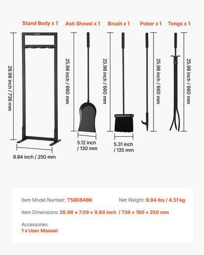 Fireplace Tool Set, 5 PCS Fire Tool Set and Holder with Square-Frame Stand, Tongs, Ash Shovel, Brush, Fire Place Poker, Wrought Iron Steel Fireplace Accessories for Indoor/Outdoor, Black