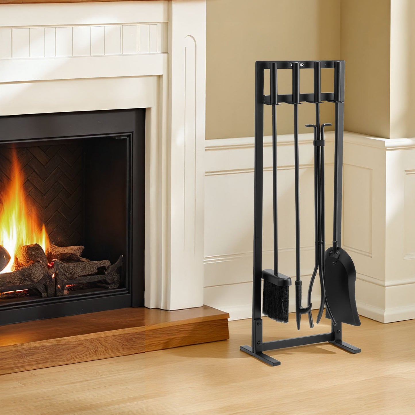 Fireplace Tool Set, 5 PCS Fire Tool Set and Holder with Square-Frame Stand, Tongs, Ash Shovel, Brush, Fire Place Poker, Wrought Iron Steel Fireplace Accessories for Indoor/Outdoor, Black