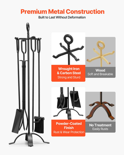 Fireplace Tool Set, 5 PCS Fire Tool Set and Holder with Four-Prong Stand, Tongs, Ash Shovel, Brush, Fire Place Poker, Wrought Iron Fireplace Accessories for Campfire Indoor/Outdoor, Black