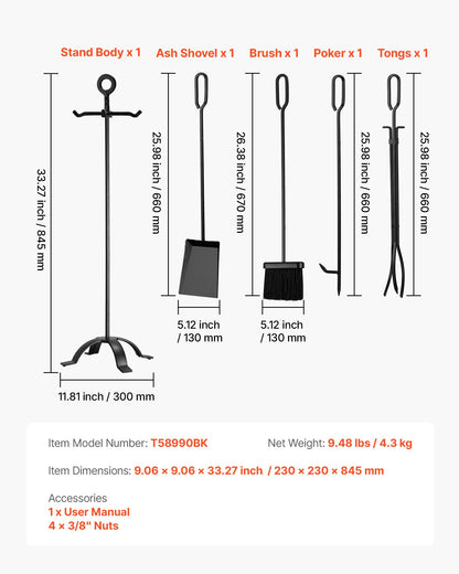 Fireplace Tool Set, 5 PCS Fire Tool Set and Holder with Four-Prong Stand, Tongs, Ash Shovel, Brush, Fire Place Poker, Wrought Iron Fireplace Accessories for Campfire Indoor/Outdoor, Black