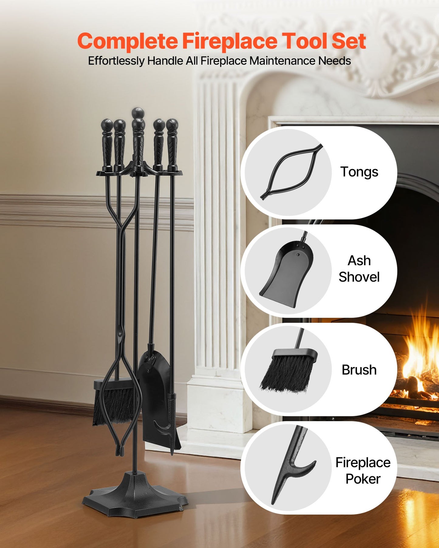 Fireplace Tool Set, 5 PCS Fire Tool Set and Holder with Five-Prong Stand, Tongs, Ash Shovel, Brush, Fire Place Poker, Wrought Iron Fireplace Accessories for Campfire Indoor/Outdoor, Black
