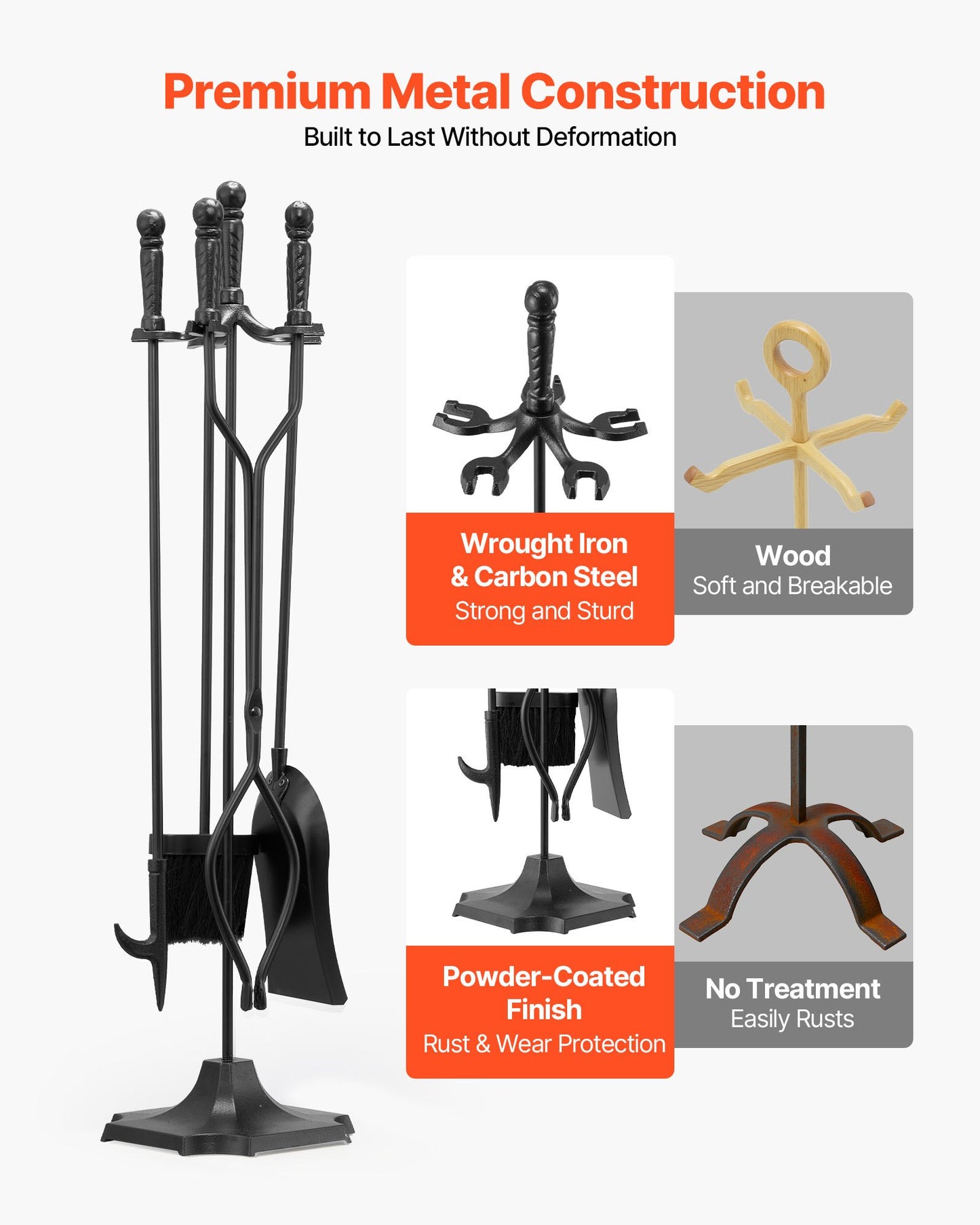 Fireplace Tool Set, 5 PCS Fire Tool Set and Holder with Five-Prong Stand, Tongs, Ash Shovel, Brush, Fire Place Poker, Wrought Iron Fireplace Accessories for Campfire Indoor/Outdoor, Black