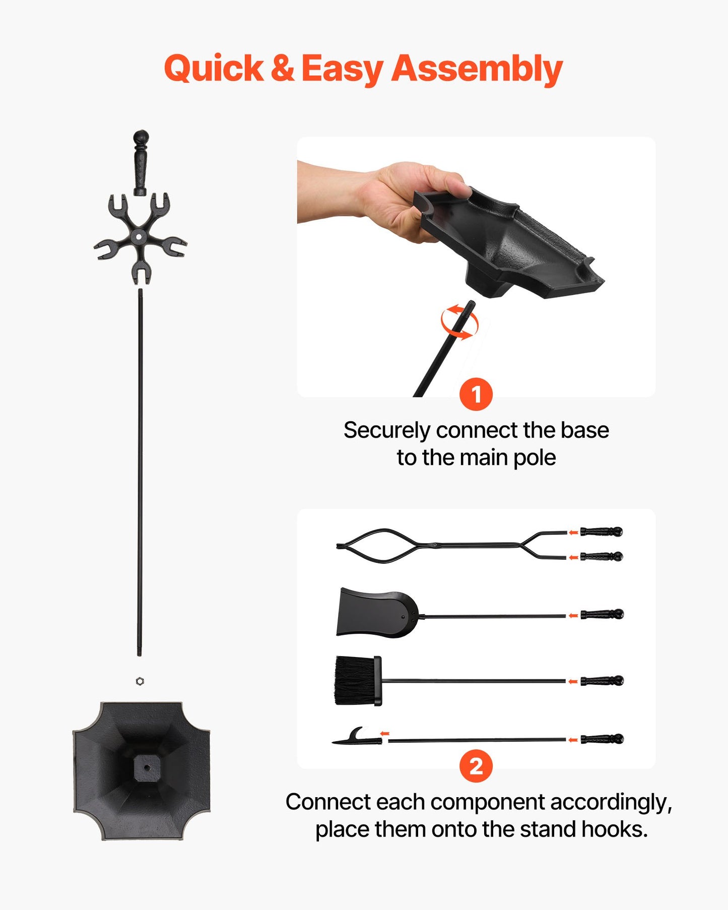 Fireplace Tool Set, 5 PCS Fire Tool Set and Holder with Five-Prong Stand, Tongs, Ash Shovel, Brush, Fire Place Poker, Wrought Iron Fireplace Accessories for Campfire Indoor/Outdoor, Black