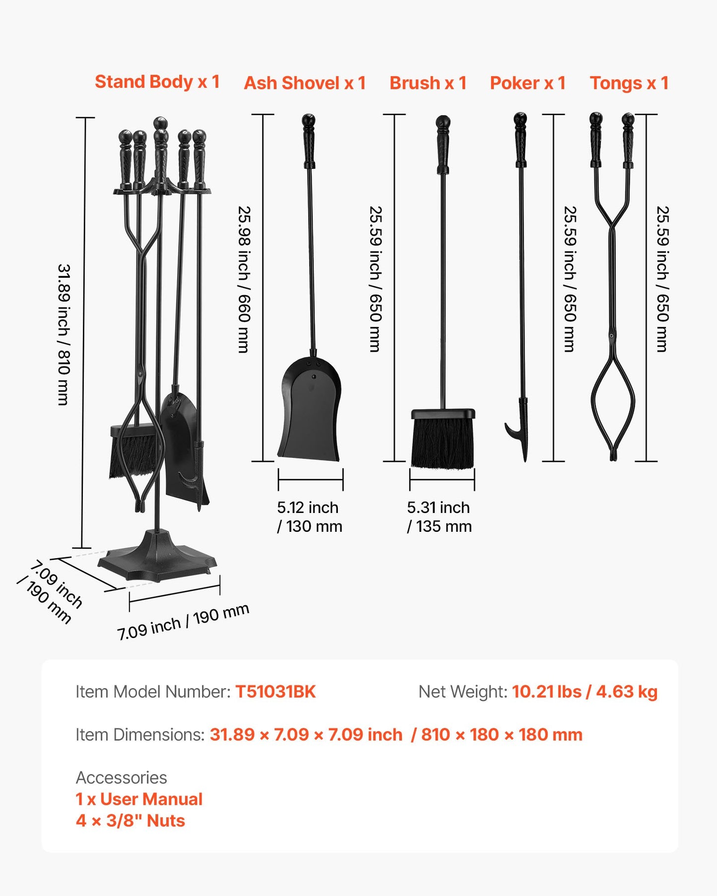 Fireplace Tool Set, 5 PCS Fire Tool Set and Holder with Five-Prong Stand, Tongs, Ash Shovel, Brush, Fire Place Poker, Wrought Iron Fireplace Accessories for Campfire Indoor/Outdoor, Black