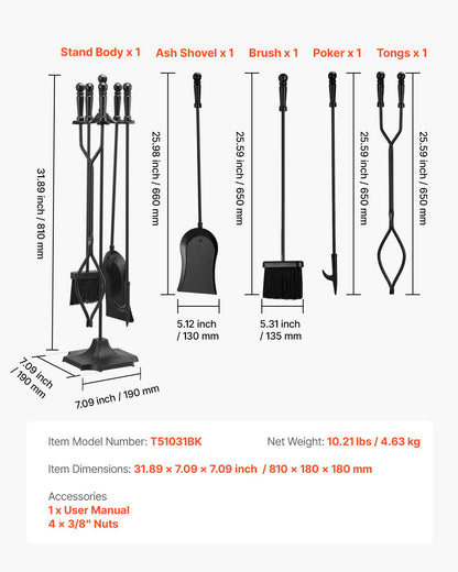 Fireplace Tool Set, 5 PCS Fire Tool Set and Holder with Five-Prong Stand, Tongs, Ash Shovel, Brush, Fire Place Poker, Wrought Iron Fireplace Accessories for Campfire Indoor/Outdoor, Black