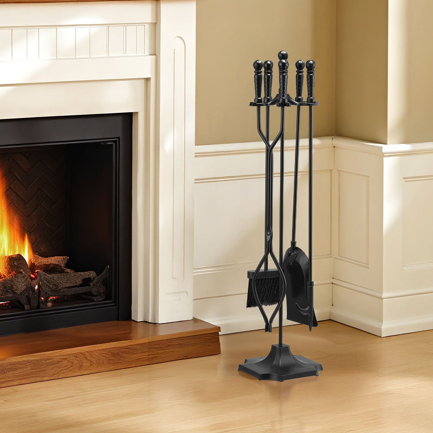 Fireplace Tool Set, 5 PCS Fire Tool Set and Holder with Five-Prong Stand, Tongs, Ash Shovel, Brush, Fire Place Poker, Wrought Iron Fireplace Accessories for Campfire Indoor/Outdoor, Black