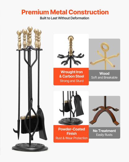 Kaminbesteck-Set, 5-teilig mit Halterung, Fünf-Zinken-Ständer, Zange, Ascheschaufel, Bürste und Kaminhaken, Kaminzubehör aus Schmiedeeisen für den Innen- und Außenbereich, Schwarz &amp; Messing