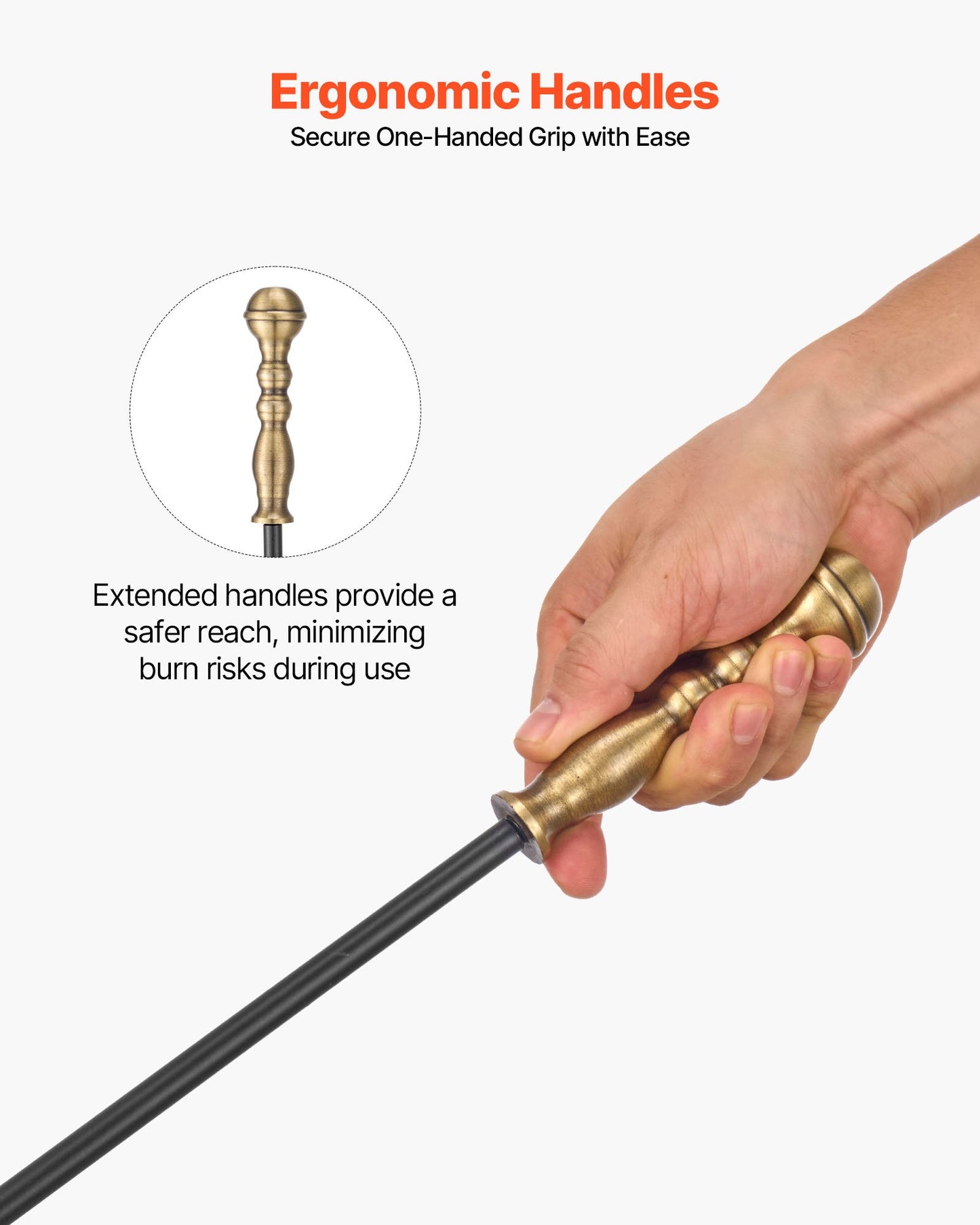 Kaminbesteck-Set, 5-teilig mit Halterung, Fünf-Zinken-Ständer, Zange, Ascheschaufel, Bürste und Kaminhaken, Kaminzubehör aus Schmiedeeisen für den Innen- und Außenbereich, Schwarz &amp; Messing