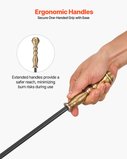 Kaminbesteck-Set, 5-teilig mit Halterung, Fünf-Zinken-Ständer, Zange, Ascheschaufel, Bürste und Kaminhaken, Kaminzubehör aus Schmiedeeisen für den Innen- und Außenbereich, Schwarz &amp; Messing