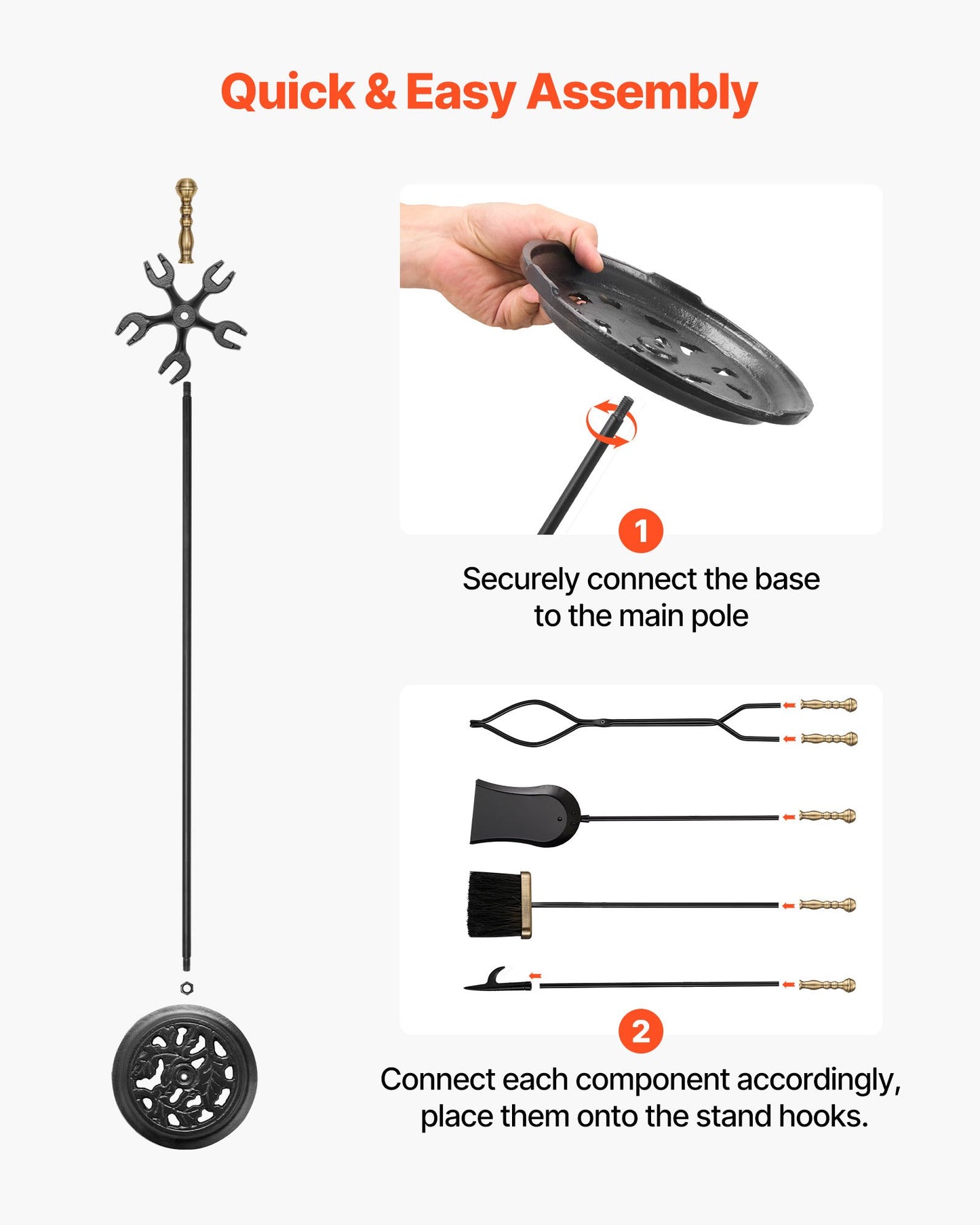 Kaminbesteck-Set, 5-teilig mit Halterung, Fünf-Zinken-Ständer, Zange, Ascheschaufel, Bürste und Kaminhaken, Kaminzubehör aus Schmiedeeisen für den Innen- und Außenbereich, Schwarz &amp; Messing