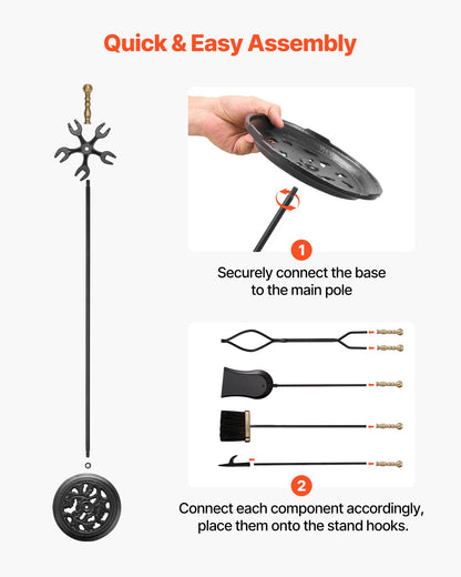 Kaminbesteck-Set, 5-teilig mit Halterung, Fünf-Zinken-Ständer, Zange, Ascheschaufel, Bürste und Kaminhaken, Kaminzubehör aus Schmiedeeisen für den Innen- und Außenbereich, Schwarz &amp; Messing