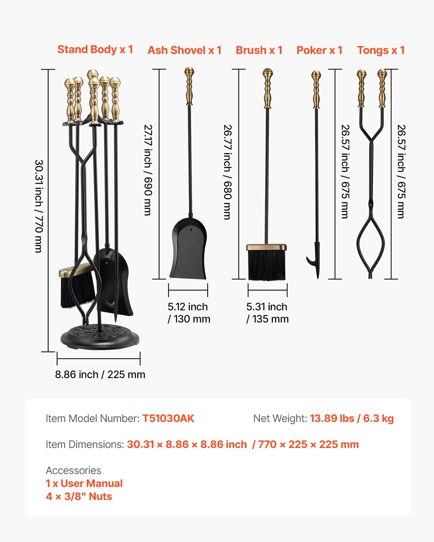 Kaminbesteck-Set, 5-teilig mit Halterung, Fünf-Zinken-Ständer, Zange, Ascheschaufel, Bürste und Kaminhaken, Kaminzubehör aus Schmiedeeisen für den Innen- und Außenbereich, Schwarz &amp; Messing