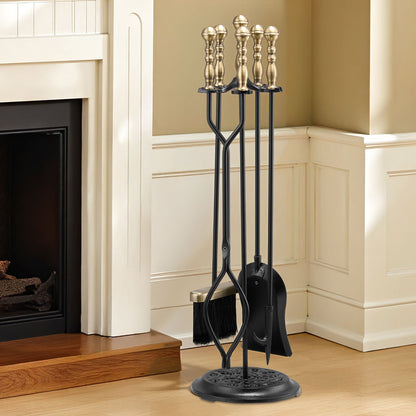 Kaminbesteck-Set, 5-teilig mit Halterung, Fünf-Zinken-Ständer, Zange, Ascheschaufel, Bürste und Kaminhaken, Kaminzubehör aus Schmiedeeisen für den Innen- und Außenbereich, Schwarz &amp; Messing