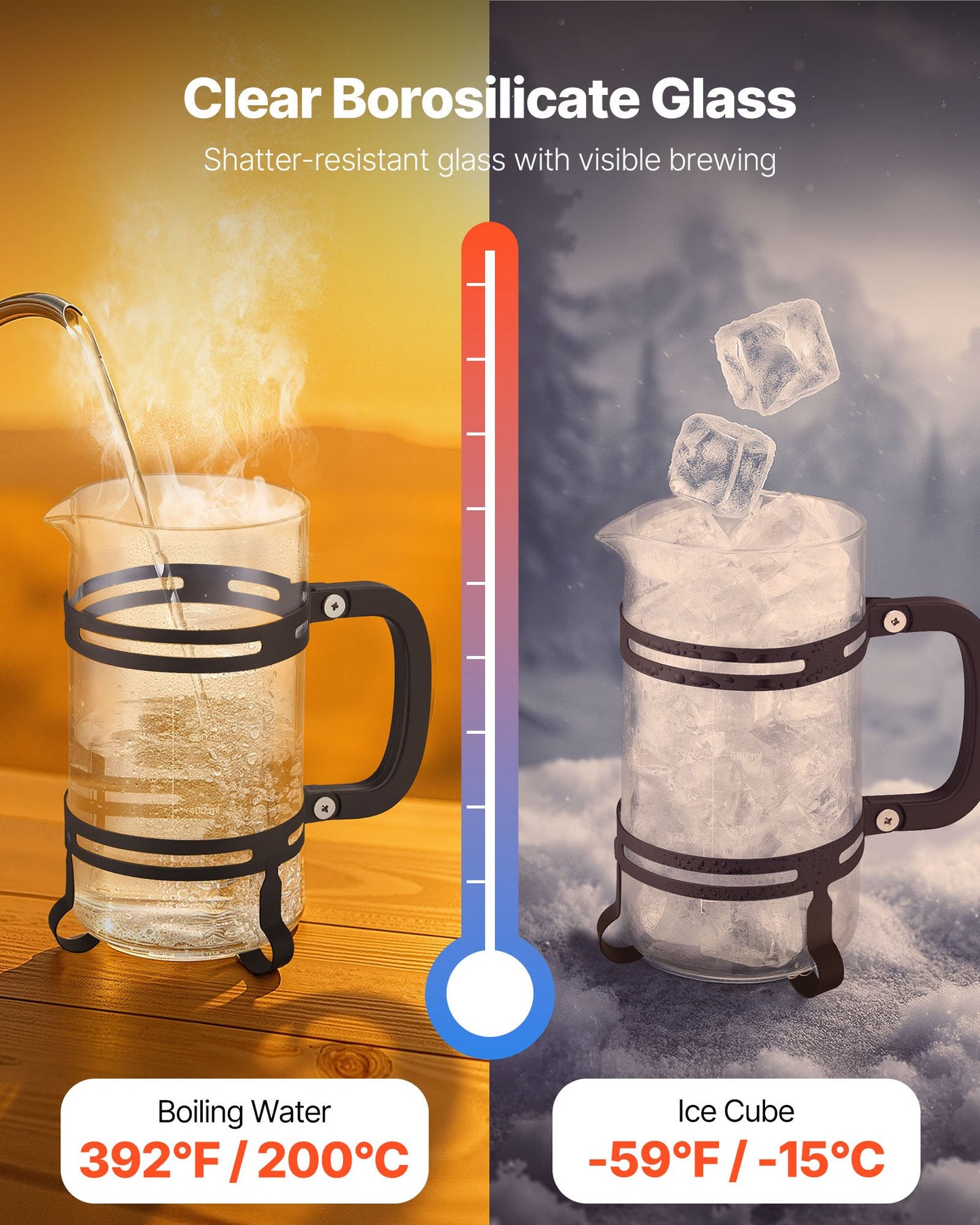 French-Press-Kaffeebereiter, 1 Liter, Borosilikatglas, mit Edelstahlfilter, große French Presse aus Glas für Cold Brew, ideal für Camping, Reisen, Zuhause und Küche, Silber