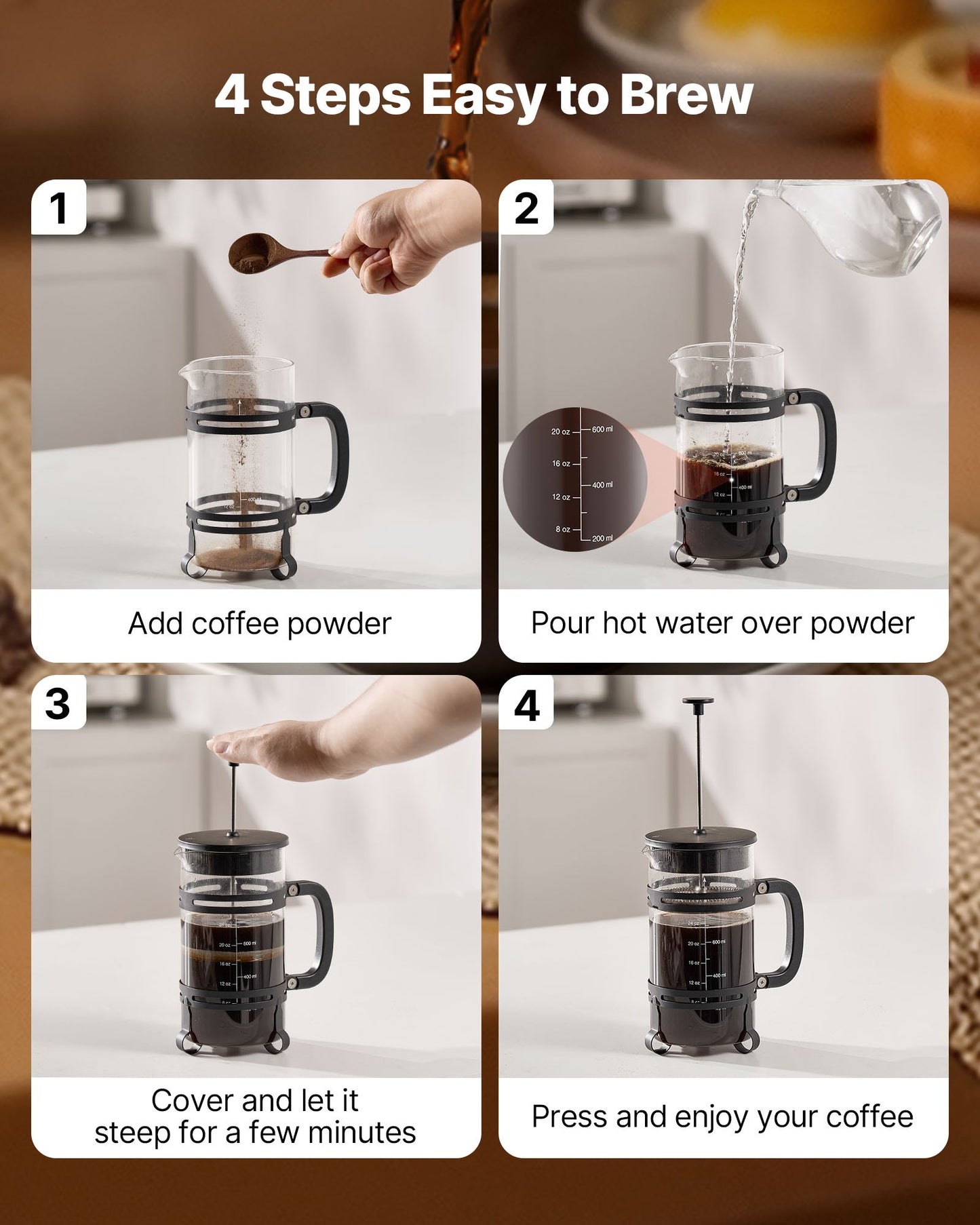 French-Press-Kaffeebereiter, 1 Liter, Borosilikatglas, mit Edelstahlfilter, große French Presse aus Glas für Cold Brew, ideal für Camping, Reisen, Zuhause und Küche, Silber