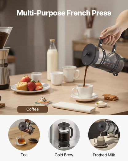 French-Press-Kaffeebereiter, 1 Liter, Borosilikatglas, mit Edelstahlfilter, große French Presse aus Glas für Cold Brew, ideal für Camping, Reisen, Zuhause und Küche, Silber