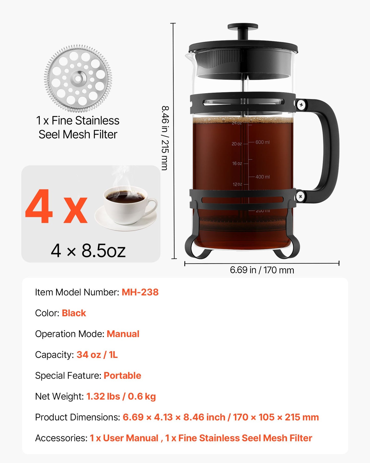 French-Press-Kaffeebereiter, 1 Liter, Borosilikatglas, mit Edelstahlfilter, große French Presse aus Glas für Cold Brew, ideal für Camping, Reisen, Zuhause und Küche, Silber