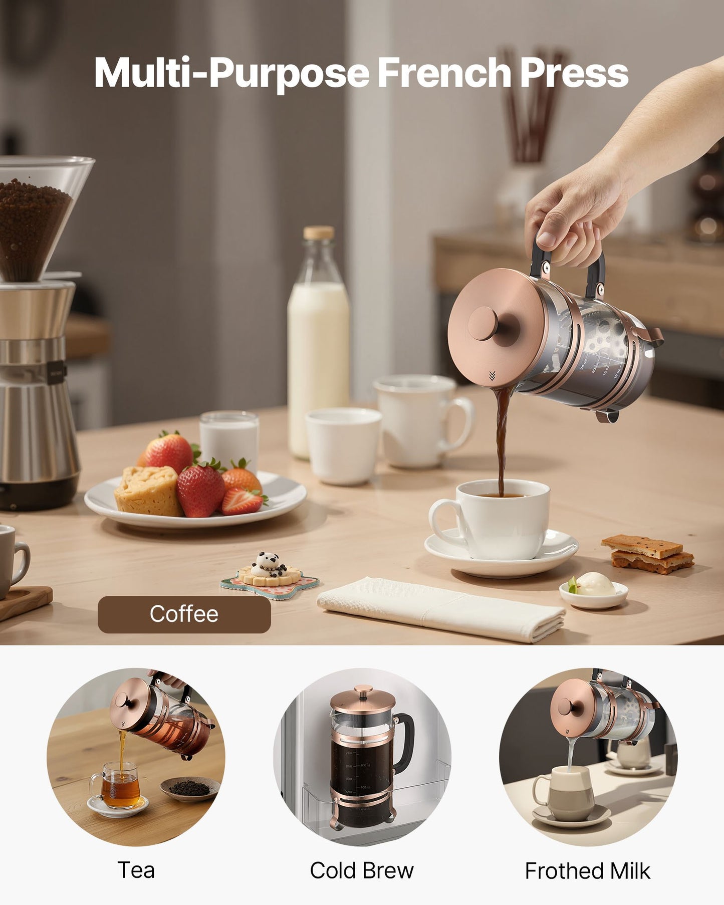 French-Press-Kaffeebereiter, 1 Liter, Borosilikatglas, mit Edelstahlfilter, große French Presses aus Glas für Cold Brew, ideal für Camping, Reisen, Zuhause und Küche, Kupfer