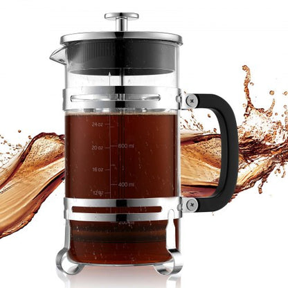 French-Press-Kaffeebereiter, 1 Liter, Borosilikatglas, mit Edelstahlfilter, große French Presse aus Glas für Cold Brew, ideal für Camping, Reisen, Zuhause und Küche, Silber