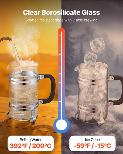 French-Press-Kaffeebereiter, 1 Liter, Borosilikatglas, mit Edelstahlfilter, große French Presse aus Glas für Cold Brew, ideal für Camping, Reisen, Zuhause und Küche, Silber