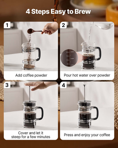 French-Press-Kaffeebereiter, 1 Liter, Borosilikatglas, mit Edelstahlfilter, große French Presse aus Glas für Cold Brew, ideal für Camping, Reisen, Zuhause und Küche, Silber