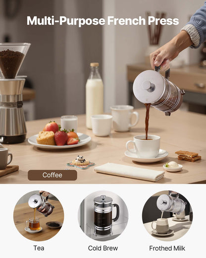 French-Press-Kaffeebereiter, 1 Liter, Borosilikatglas, mit Edelstahlfilter, große French Presse aus Glas für Cold Brew, ideal für Camping, Reisen, Zuhause und Küche, Silber